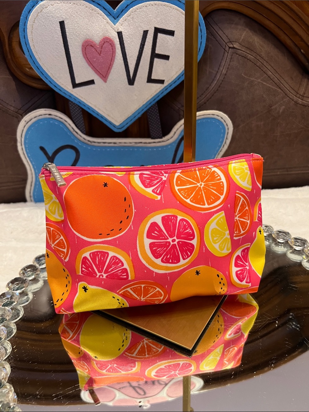 Clinique NWOT Bright Pink Citrus Print Cosmetic Pouch